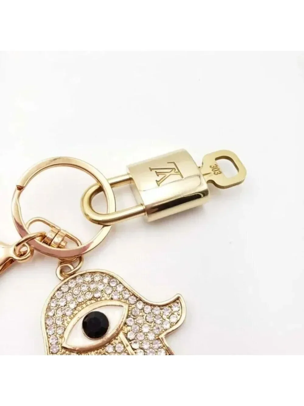 LV Authentic Gold Padlock 🔒 Key Set w/ Unbranded Evil Eye Keychain Charm